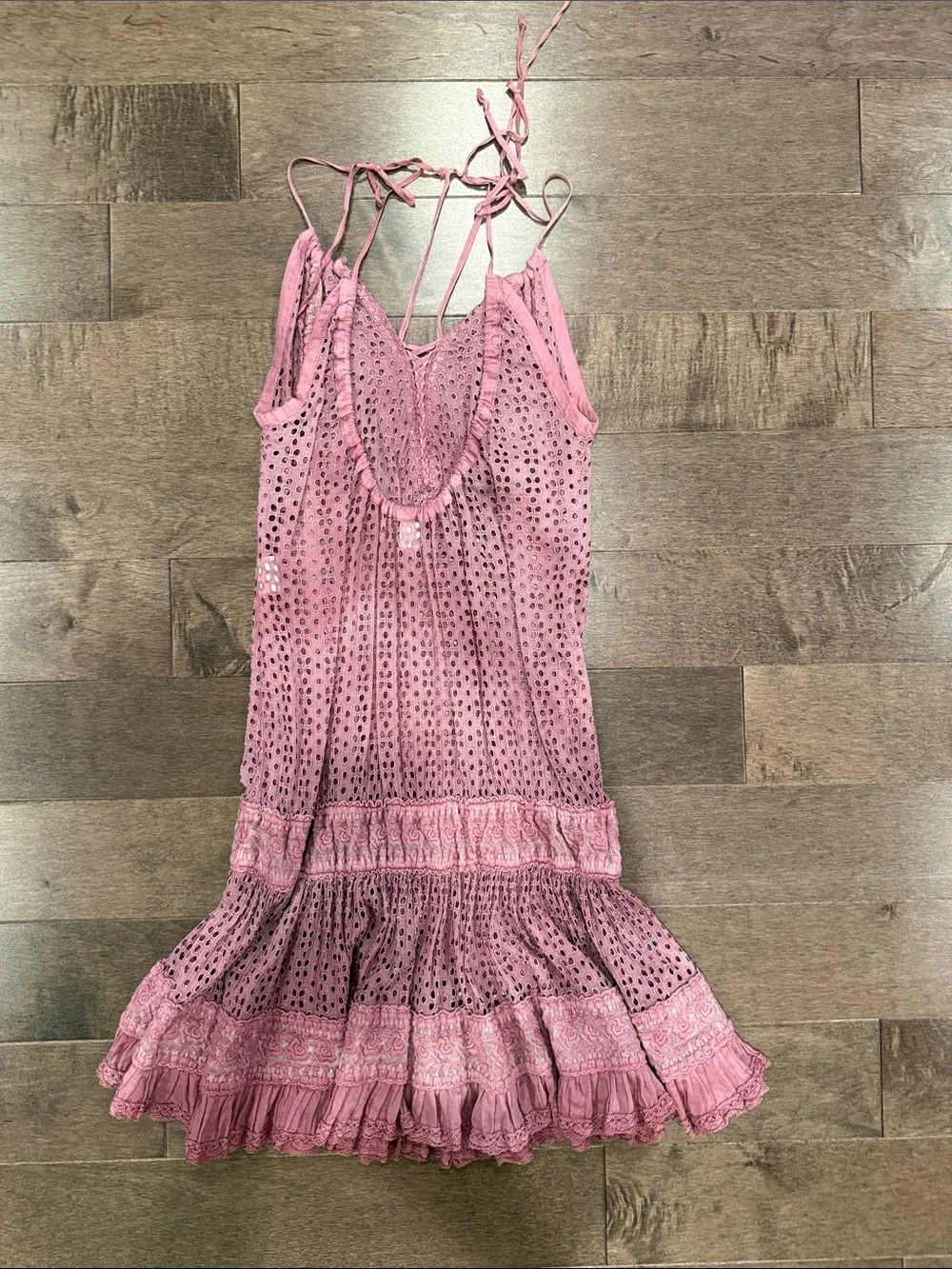 Boho Pink Crochet Swim Coverup Dress with Adjustable Tie Straps